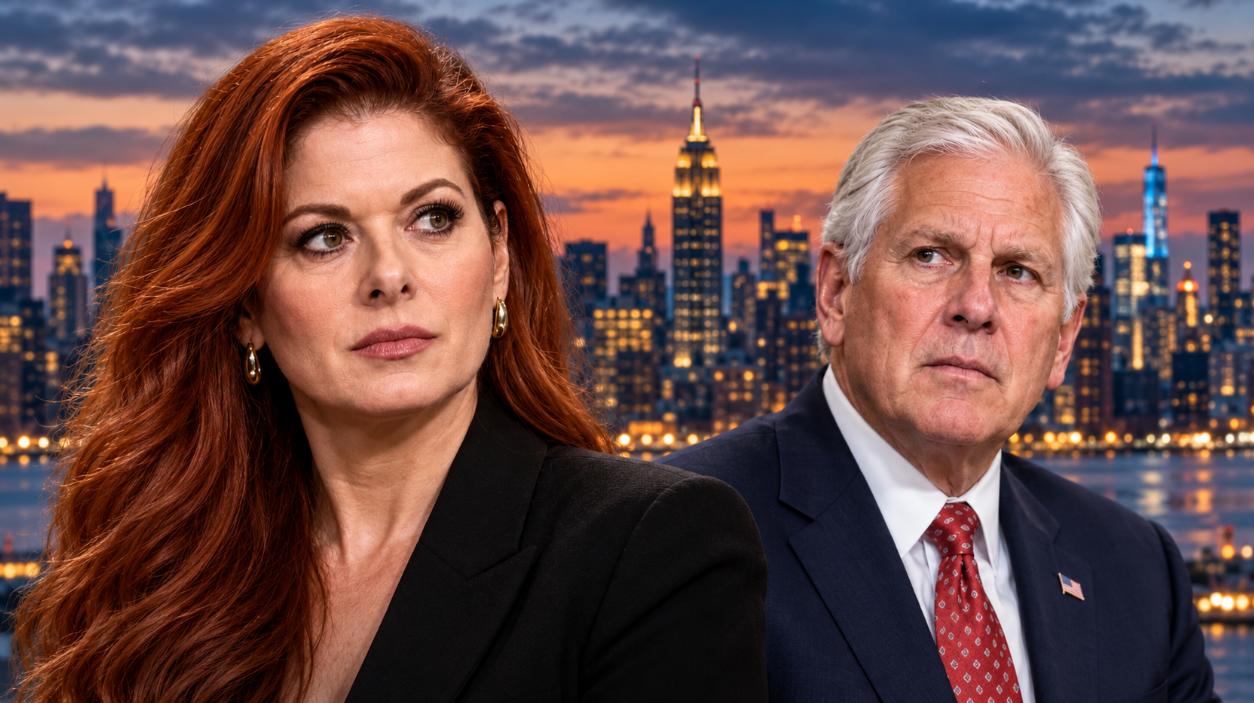 Editorial portraits of Debra Messing and Bruce Blakeman alongside a headline about reaction to her endorsement.