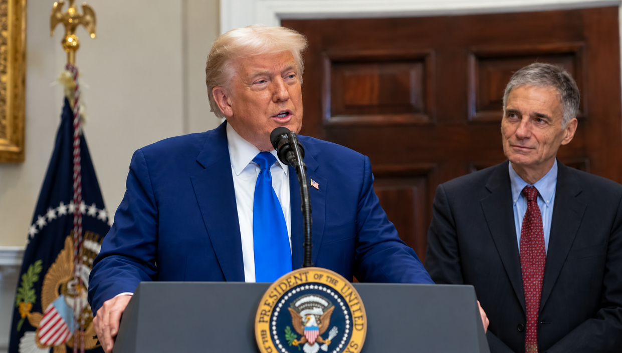 Editorial portraits of Ralph Nader and Donald Trump illustrating Nader's five speculative reasons for resignation