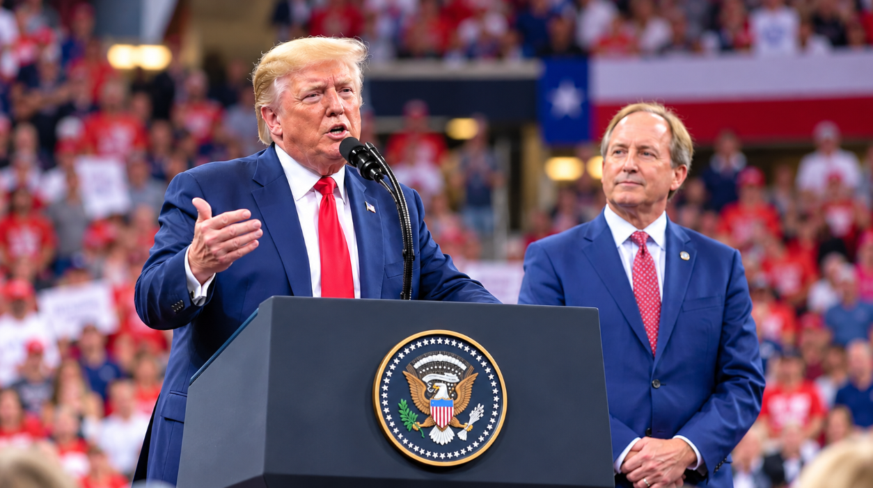 Editorial illustration of Donald Trump and Ken Paxton at a San Antonio rally with a headline about protest interruptions.