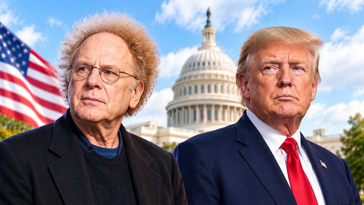 Art Garfunkel and Donald Trump in separate portraits illustrating Garfunkel's comments about leaving the US.